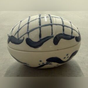 Handmade White and Navy Blue Porcelain Egg With Lid
